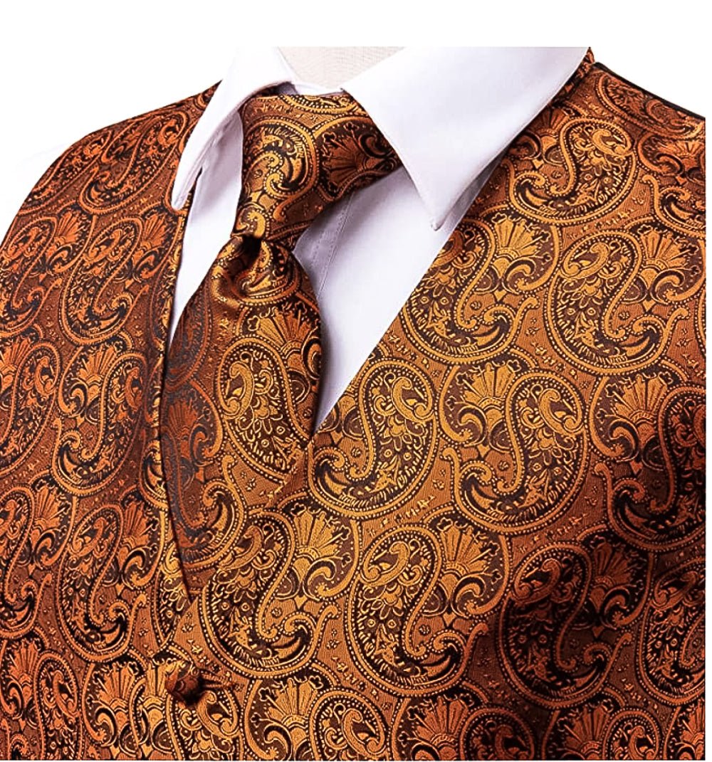 Brown and Black Paisley Waistcoat and Necktie Pocket Square Cufflink Vest Set-MJ-0019 - SimonVon Shop