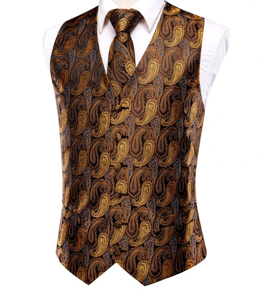 Brown Golden 4 PC Paisley Silk Waistcoat and Necktie Pocket Square Cufflink Vest Set-MJ-0030 - SimonVon Shop