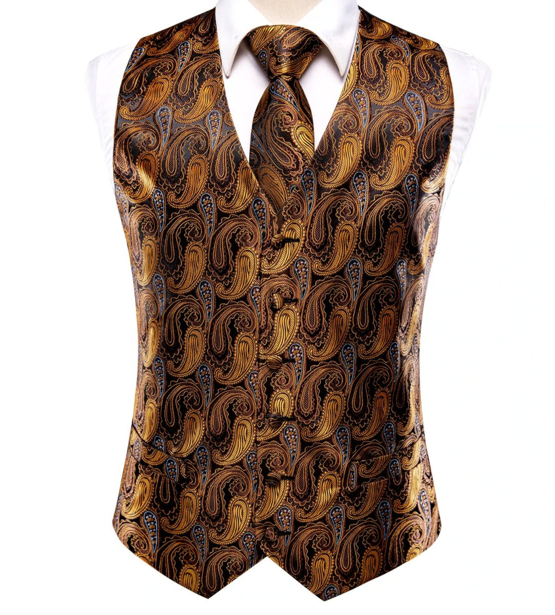 Brown Golden 4 PC Paisley Silk Waistcoat and Necktie Pocket Square Cufflink Vest Set-MJ-0030 - SimonVon Shop