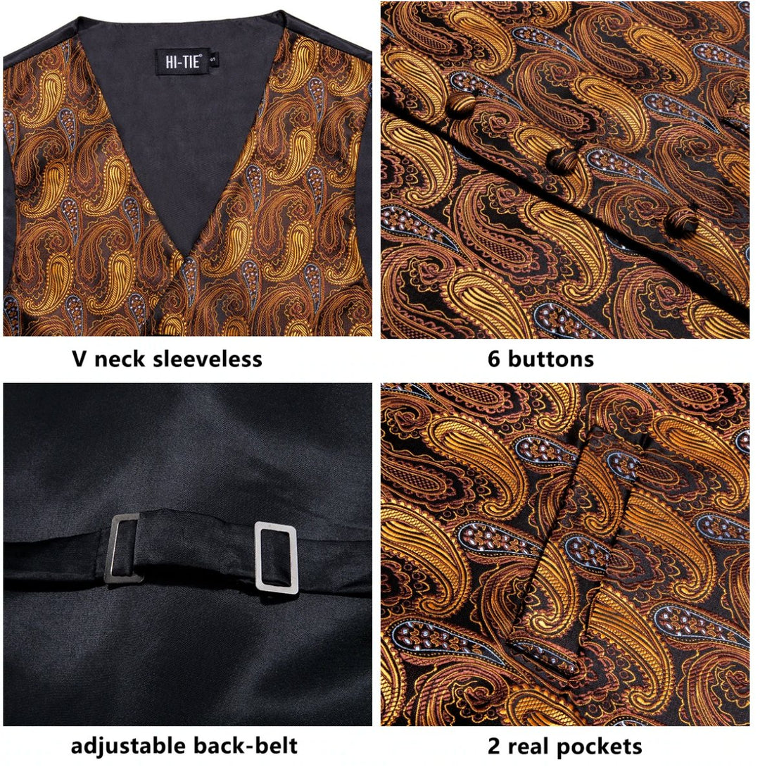 Brown Golden 4 PC Paisley Silk Waistcoat and Necktie Pocket Square Cufflink Vest Set-MJ-0030 - SimonVon Shop