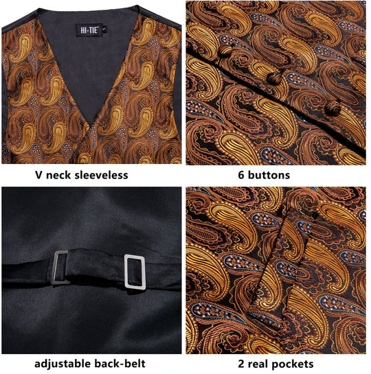 Brown Golden 4 PC Paisley Silk Waistcoat and Necktie Pocket Square Cufflink Vest Set-MJ-0030 - SimonVon Shop