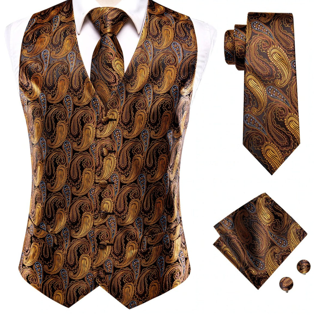Brown Golden 4 PC Paisley Silk Waistcoat and Necktie Pocket Square Cufflink Vest Set-MJ-0030 - SimonVon Shop