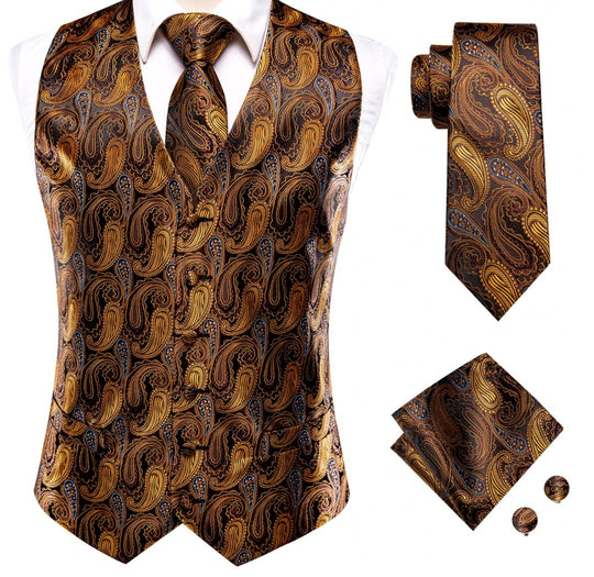 Brown Golden 4 PC Paisley Silk Waistcoat and Necktie Pocket Square Cufflink Vest Set-MJ-0030 - SimonVon Shop
