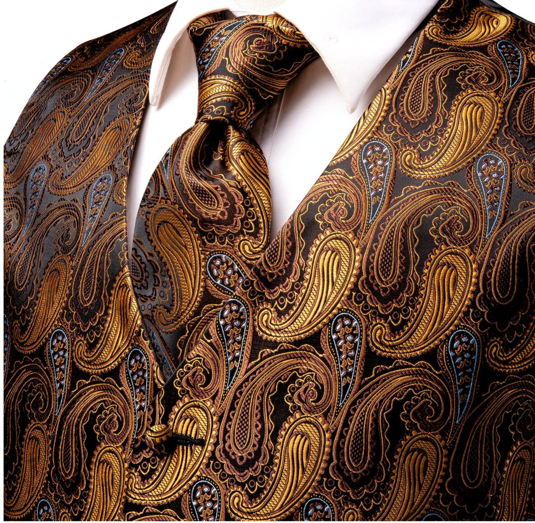 Brown Golden 4 PC Paisley Silk Waistcoat and Necktie Pocket Square Cufflink Vest Set-MJ-0030 - SimonVon Shop