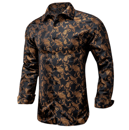 BROWN GOLDEN FLORAL POLYESTER MEN'S SHIRT-CY-1012 - SimonVon Shop