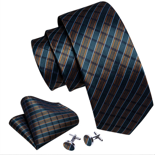 Brown Green Striped Men's Tie Pocket Square Cufflinks Set- N-5737 - SimonVon Shop