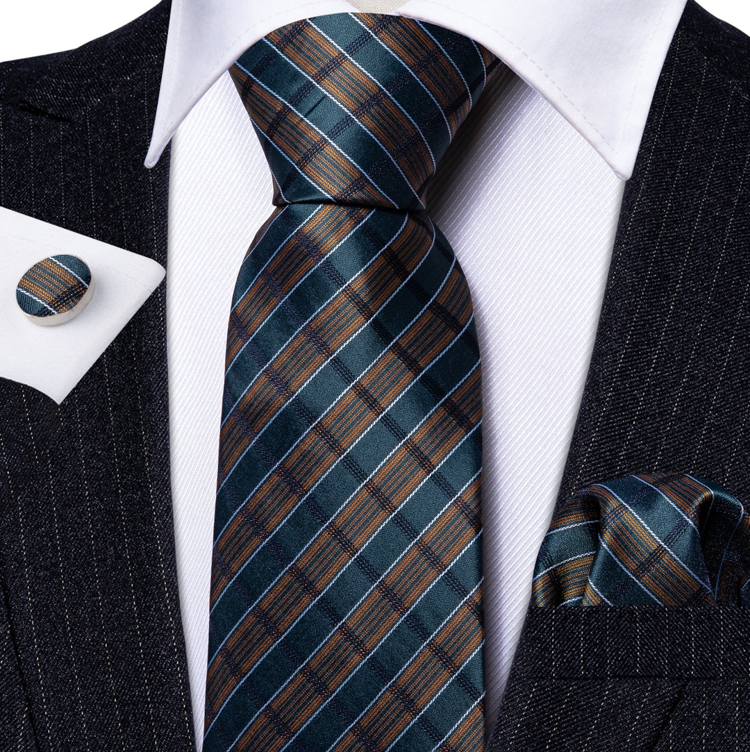 Brown Green Striped Men's Tie Pocket Square Cufflinks Set- N-5737 - SimonVon Shop
