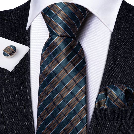 Brown Green Striped Men's Tie Pocket Square Cufflinks Set- N-5737 - SimonVon Shop