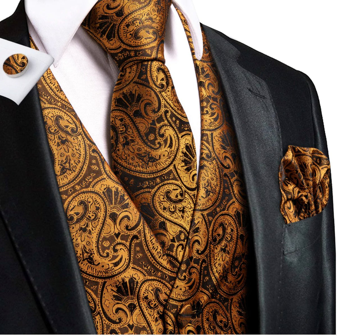 Brown Paisley Silk Men's Vest Hanky Cufflinks Tie Set Waistcoat Suit Set- MJ-0039 - SimonVon Shop
