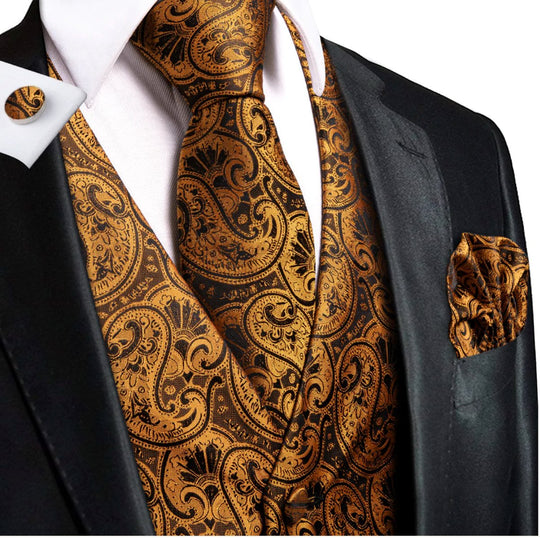 Brown Paisley Silk Men's Vest Hanky Cufflinks Tie Set Waistcoat Suit Set- MJ-0039 - SimonVon Shop