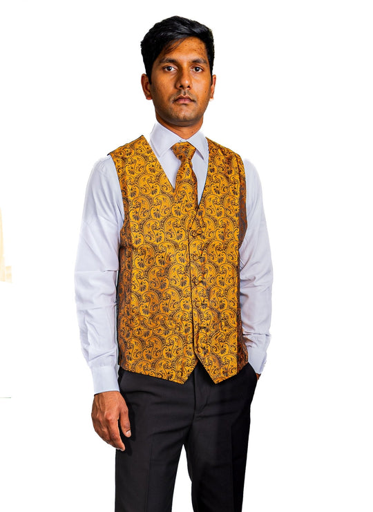 Brown Paisley Silk Men's Vest Hanky Cufflinks Tie Set Waistcoat Suit Set- MJ-0039 - SimonVon Shop