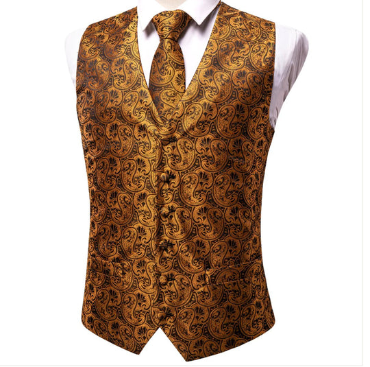 Brown Paisley Silk Men's Vest Hanky Cufflinks Tie Set Waistcoat Suit Set- MJ-0039 - SimonVon Shop