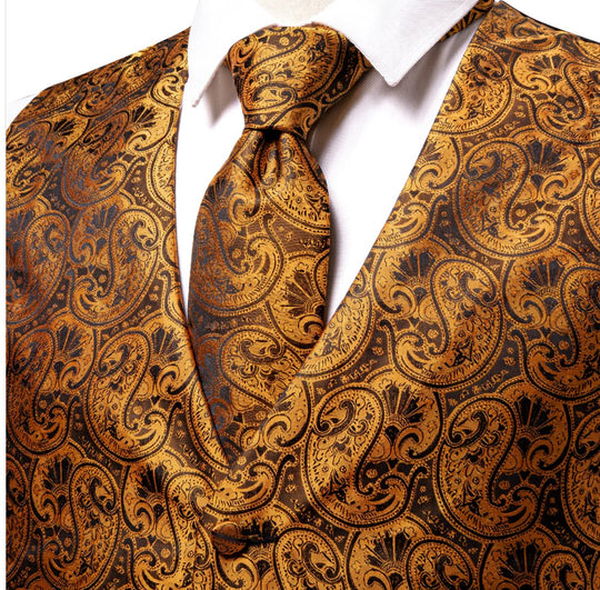 Brown Paisley Silk Men's Vest Hanky Cufflinks Tie Set Waistcoat Suit Set- MJ-0039 - SimonVon Shop