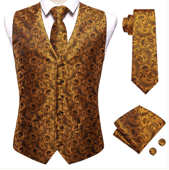 Brown Paisley Silk Men's Vest Hanky Cufflinks Tie Set Waistcoat Suit Set- MJ-0039 - SimonVon Shop