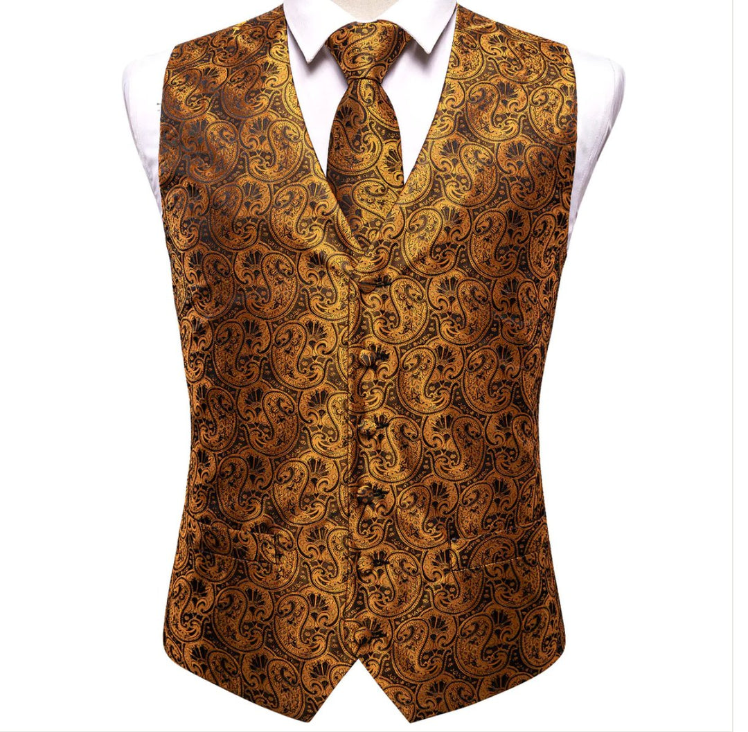 Brown Paisley Silk Men's Vest Hanky Cufflinks Tie Set Waistcoat Suit Set- MJ-0039 - SimonVon Shop