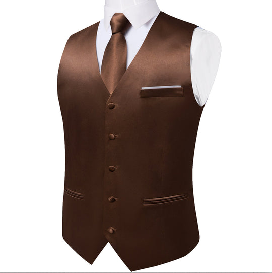 Brown Solid Satin Waistcoat Vest Tie Handkerchief Cufflinks Set- MJ-0653 - SimonVon Shop