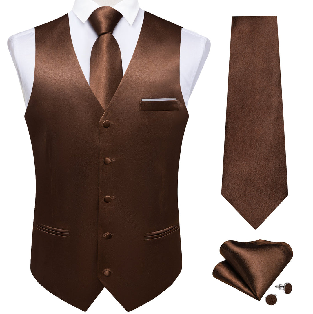 Brown Solid Satin Waistcoat Vest Tie Handkerchief Cufflinks Set- MJ-0653 - SimonVon Shop