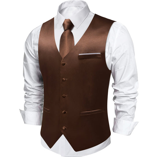 Brown Solid Satin Waistcoat Vest Tie Handkerchief Cufflinks Set- MJ-0653 - SimonVon Shop