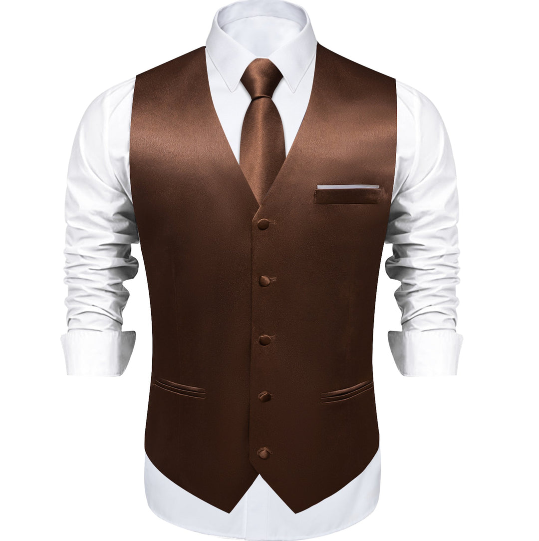 Brown Solid Satin Waistcoat Vest Tie Handkerchief Cufflinks Set- MJ-0653 - SimonVon Shop