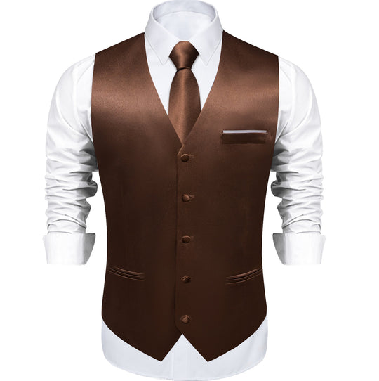Brown Solid Satin Waistcoat Vest Tie Handkerchief Cufflinks Set- MJ-0653 - SimonVon Shop