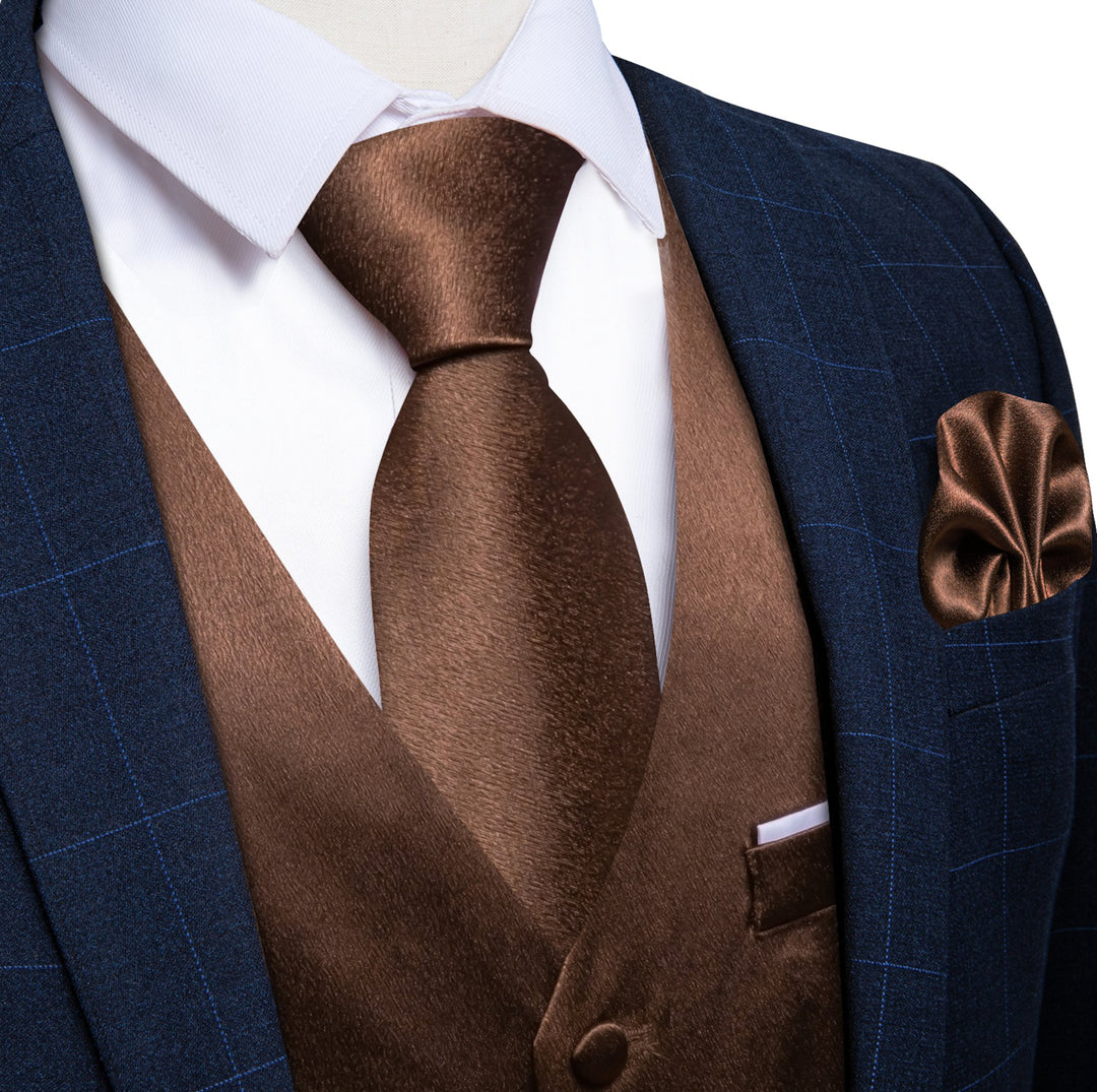 Brown Solid Satin Waistcoat Vest Tie Handkerchief Cufflinks Set- MJ-0653 - SimonVon Shop