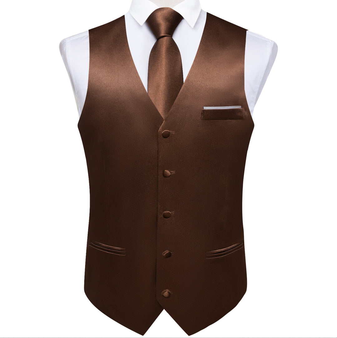 Brown Solid Satin Waistcoat Vest Tie Handkerchief Cufflinks Set- MJ-0653 - SimonVon Shop