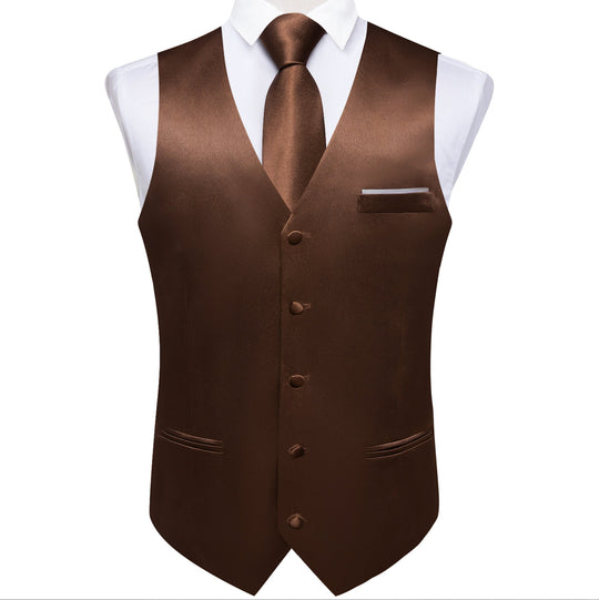 Brown Solid Satin Waistcoat Vest Tie Handkerchief Cufflinks Set- MJ-0653 - SimonVon Shop