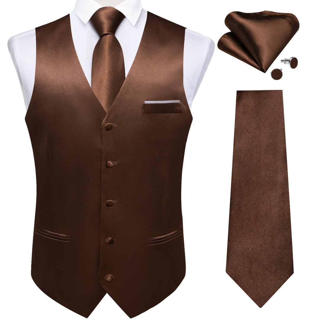 Brown Solid Satin Waistcoat Vest Tie Handkerchief Cufflinks Set- MJ-0653 - SimonVon Shop