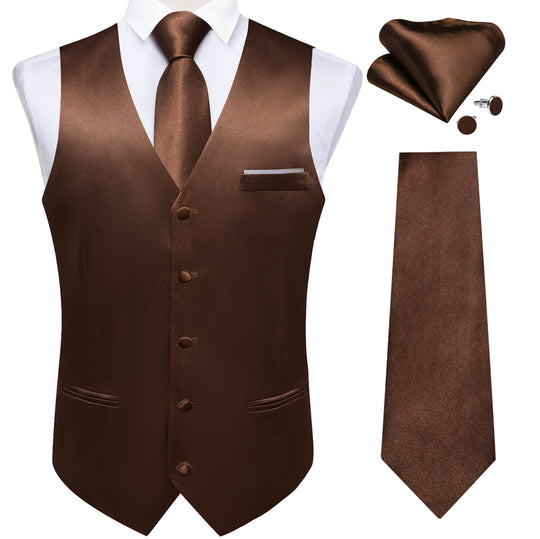 Brown Solid Satin Waistcoat Vest Tie Handkerchief Cufflinks Set- MJ-0653 - SimonVon Shop