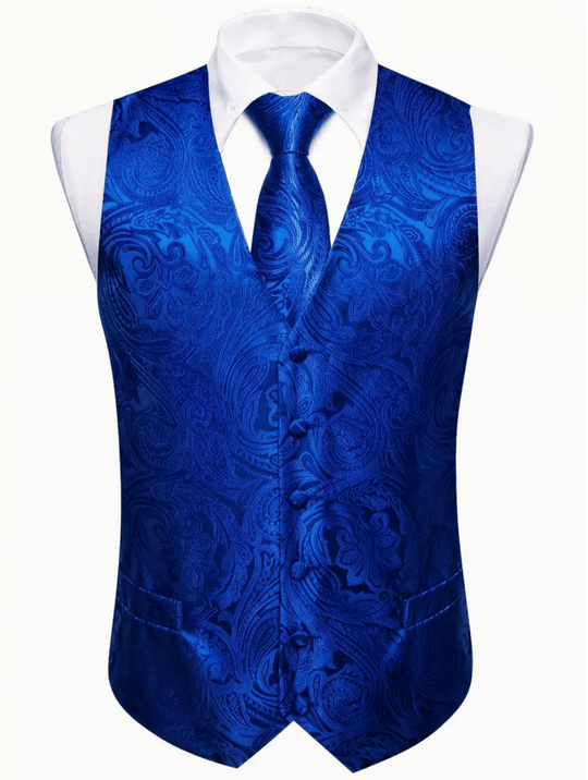 Cerulean Blue Paisley Silk Vest Necktie Pocket Square Cufflinks Set- MJ-2793 - SimonVon Shop