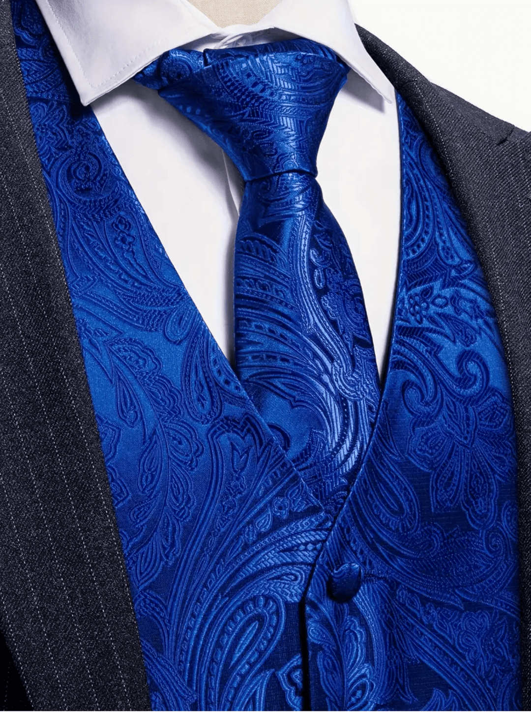 Cerulean Blue Paisley Silk Vest Necktie Pocket Square Cufflinks Set- MJ-2793 - SimonVon Shop