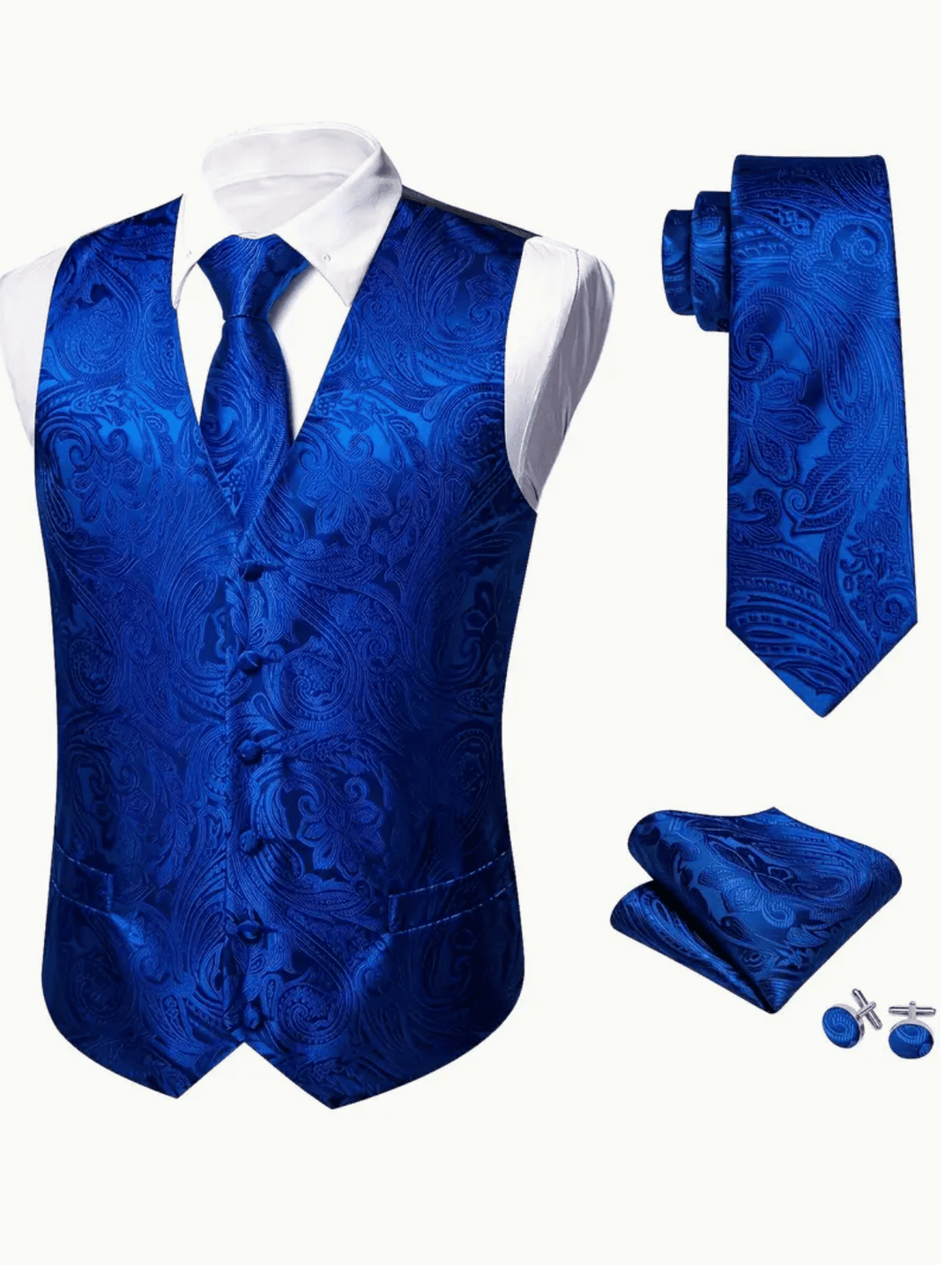 Cerulean Blue Paisley Silk Vest Necktie Pocket Square Cufflinks Set- MJ-2793 - SimonVon Shop
