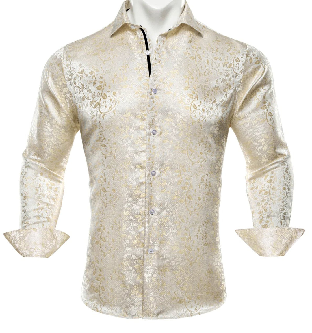 Champagne Floral Silk Men's Shirt-CY-0053 - SimonVon Shop
