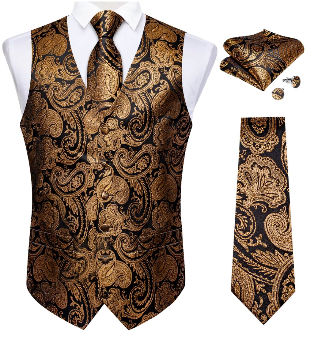 CHAMPAGNE GOLD PAISLEY JACQUARD SILK WAISTCOAT VEST HANDKERCHIEF CUFFLINKS TIE VEST SUIT SET-MJ-0152 - SimonVon Shop