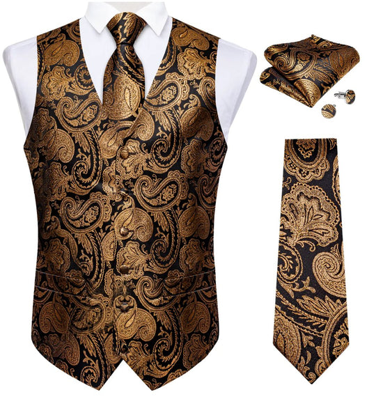 CHAMPAGNE GOLD PAISLEY JACQUARD SILK WAISTCOAT VEST HANDKERCHIEF CUFFLINKS TIE VEST SUIT SET-MJ-0152 - SimonVon Shop