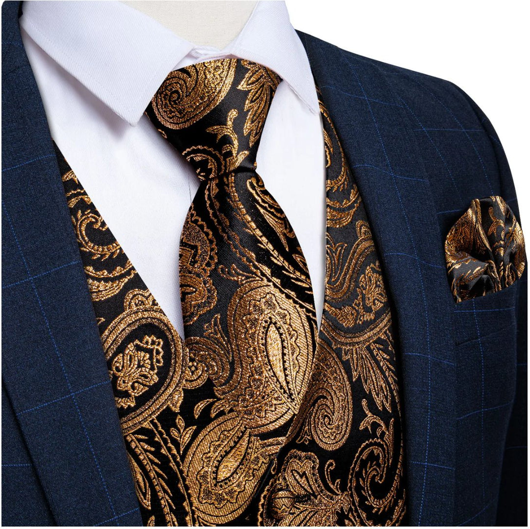 CHAMPAGNE GOLD PAISLEY JACQUARD SILK WAISTCOAT VEST HANDKERCHIEF CUFFLINKS TIE VEST SUIT SET-MJ-0152 - SimonVon Shop