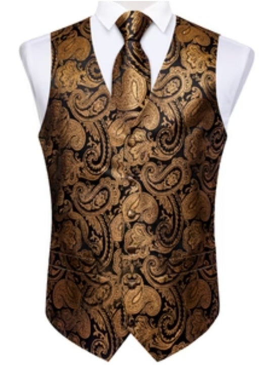 CHAMPAGNE GOLD PAISLEY JACQUARD SILK WAISTCOAT VEST HANDKERCHIEF CUFFLINKS TIE VEST SUIT SET-MJ-0152 - SimonVon Shop
