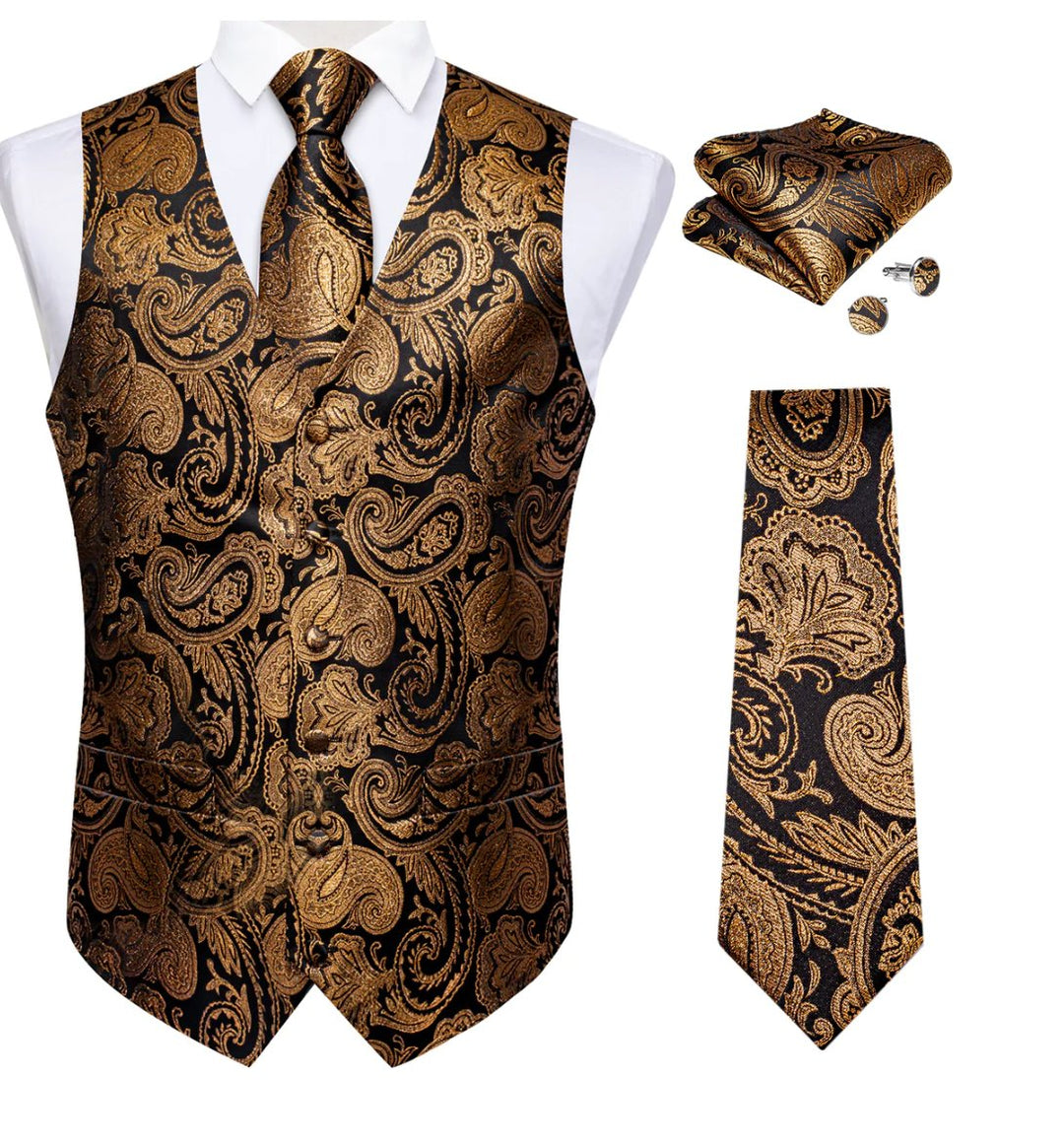 CHAMPAGNE GOLD PAISLEY JACQUARD SILK WAISTCOAT VEST HANDKERCHIEF CUFFLINKS TIE VEST SUIT SET-MJ-0152 - SimonVon Shop