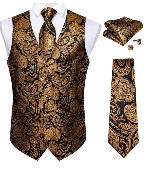 CHAMPAGNE GOLD PAISLEY JACQUARD SILK WAISTCOAT VEST HANDKERCHIEF CUFFLINKS TIE VEST SUIT SET-MJ-0152 - SimonVon Shop