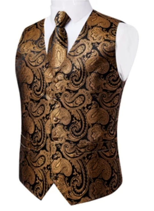 CHAMPAGNE GOLD PAISLEY JACQUARD SILK WAISTCOAT VEST HANDKERCHIEF CUFFLINKS TIE VEST SUIT SET-MJ-0152 - SimonVon Shop