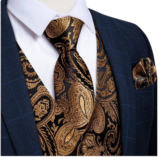 CHAMPAGNE GOLD PAISLEY JACQUARD SILK WAISTCOAT VEST HANDKERCHIEF CUFFLINKS TIE VEST SUIT SET-MJ-0152 - SimonVon Shop