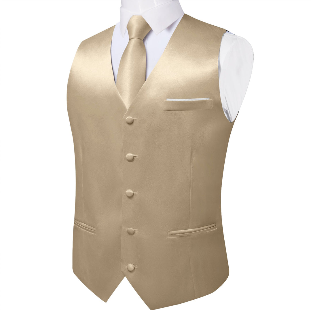 Champagne Solid Satin Waistcoat Vest Tie Handkerchief Cufflinks Set- MJ-0652 - SimonVon Shop