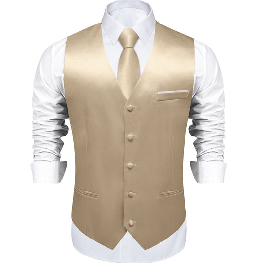 Champagne Solid Satin Waistcoat Vest Tie Handkerchief Cufflinks Set- MJ-0652 - SimonVon Shop