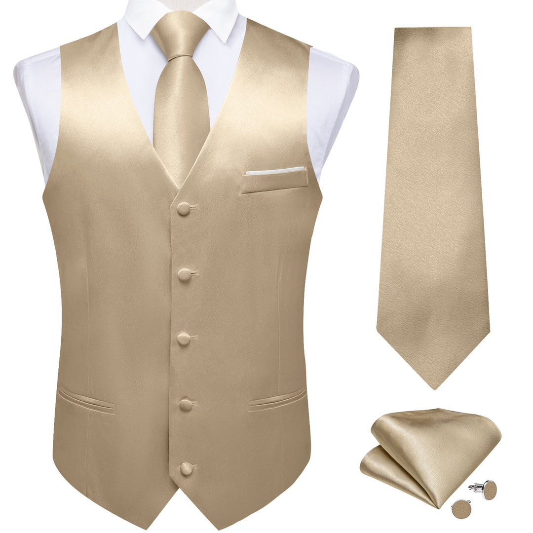Champagne Solid Satin Waistcoat Vest Tie Handkerchief Cufflinks Set- MJ-0652 - SimonVon Shop