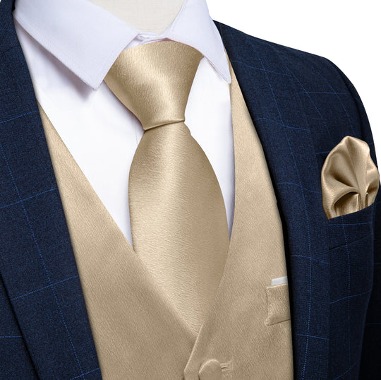 Champagne Solid Satin Waistcoat Vest Tie Handkerchief Cufflinks Set- MJ-0652 - SimonVon Shop
