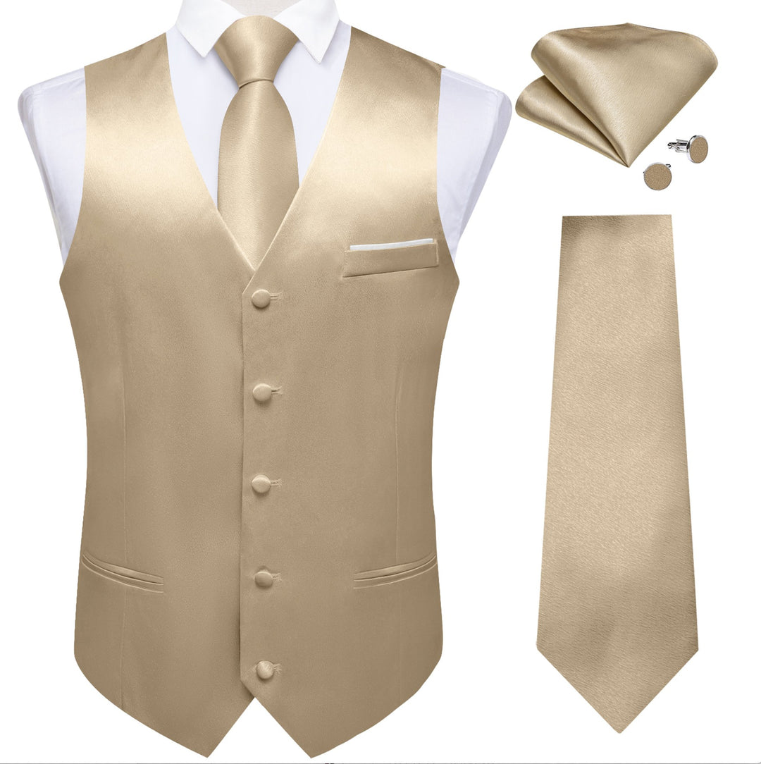 Champagne Solid Satin Waistcoat Vest Tie Handkerchief Cufflinks Set- MJ-0652 - SimonVon Shop