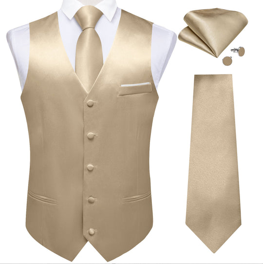 Champagne Solid Satin Waistcoat Vest Tie Handkerchief Cufflinks Set- MJ-0652 - SimonVon Shop