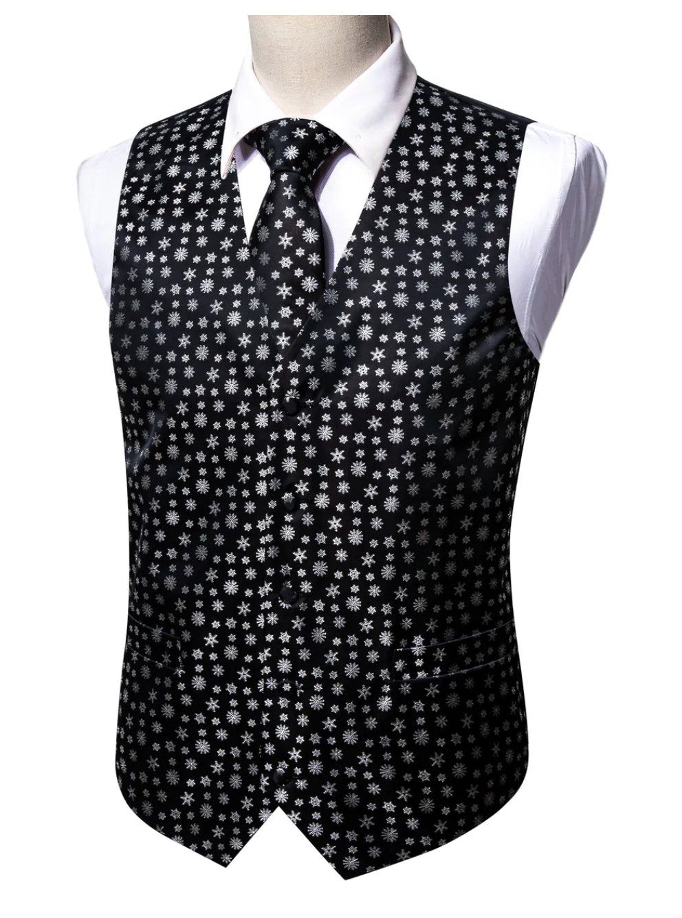 Christmas Men's Black White Snowflake Silk Tie Hanky Cufflinks Waistcoat Vest Set-MJ-2558 - SimonVon Shop
