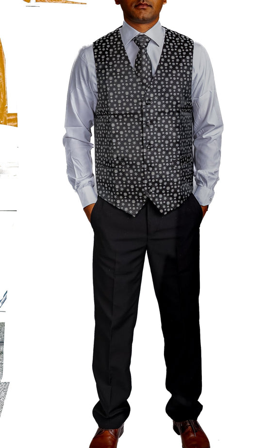 Christmas Men's Black White Snowflake Silk Tie Hanky Cufflinks Waistcoat Vest Set-MJ-2558 - SimonVon Shop