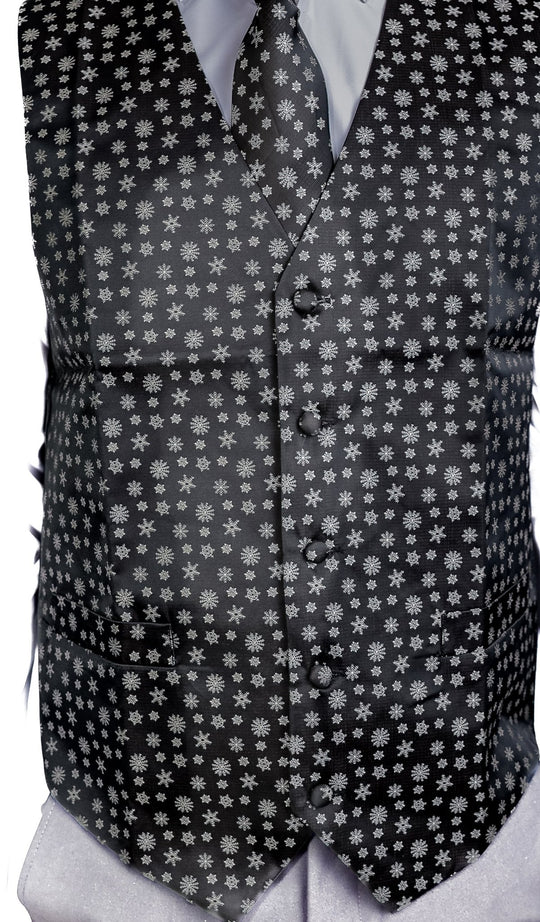 Christmas Men's Black White Snowflake Silk Tie Hanky Cufflinks Waistcoat Vest Set-MJ-2558 - SimonVon Shop